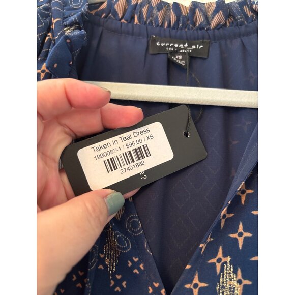 Anthropologie Current Air XS Taken In Teal Gold Navy Mini Dress Pleated - Picture 6 of 13